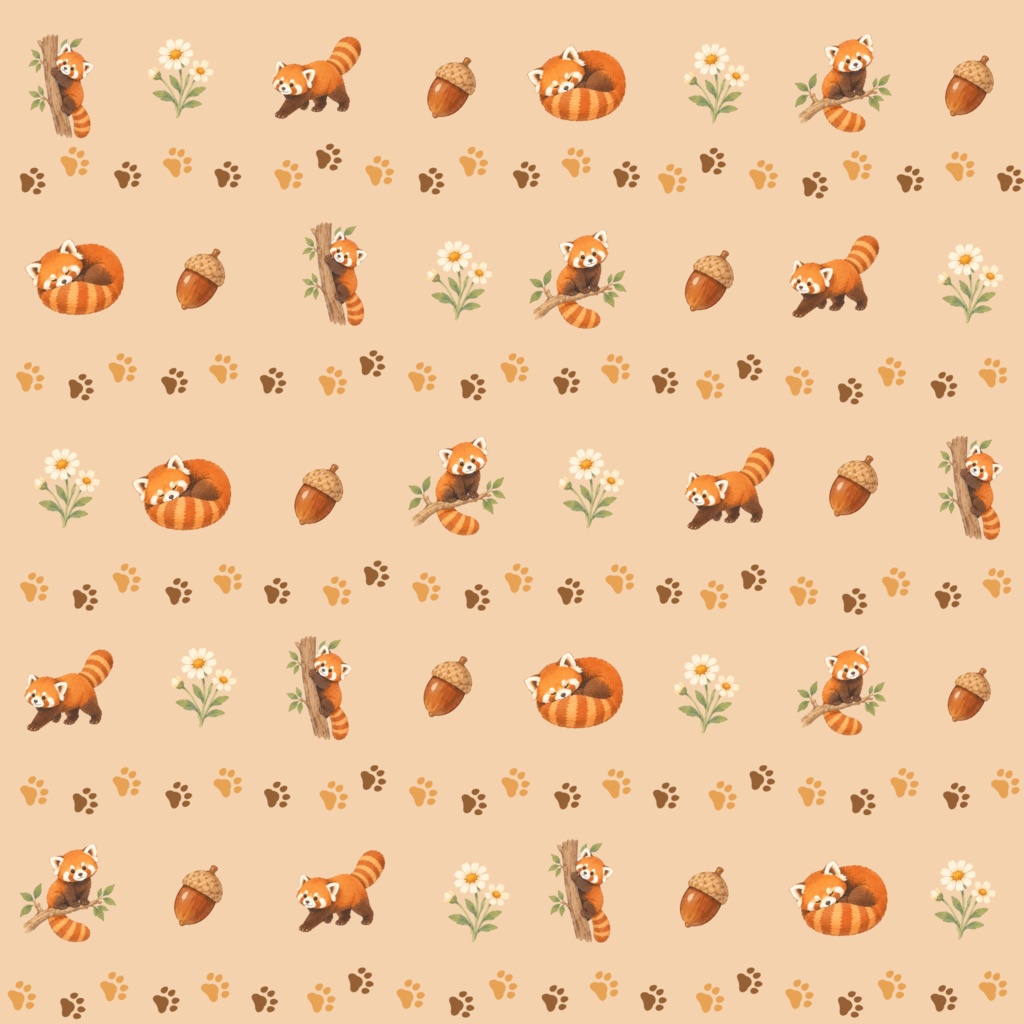    レッサーパンダ柄｜秋色｜デジタルペーパー｜2000×2000px｜PNG素材