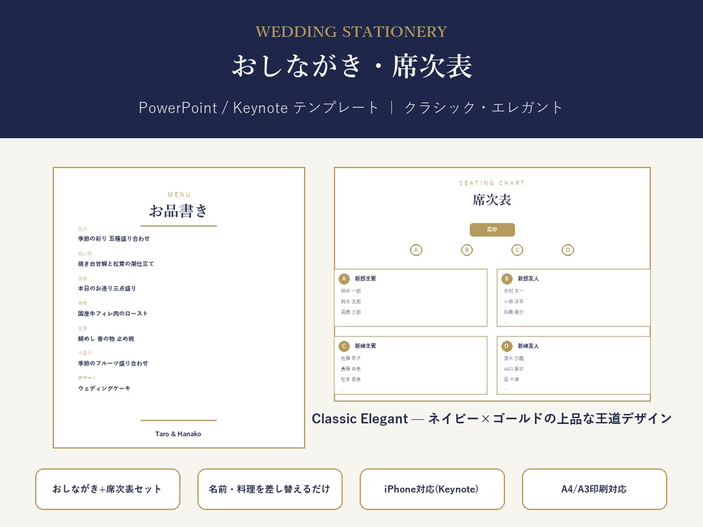 結婚式 おしながき・席次表 テンプレート【Classic Elegant】名前を差し替えるだけ・PC/iPhone対応