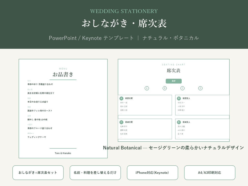 結婚式 おしながき・席次表 テンプレート【Natural Botanical】名前を差し替えるだけ・PC/iPhone対応