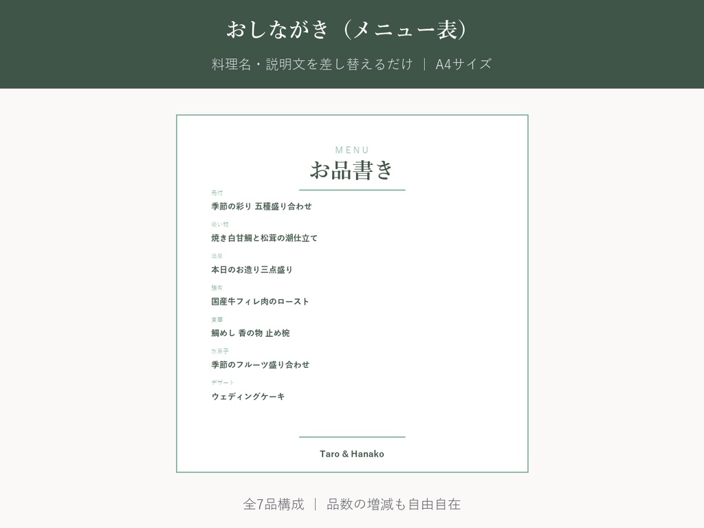 結婚式 おしながき・席次表 テンプレート【Natural Botanical】名前を差し替えるだけ・PC/iPhone対応