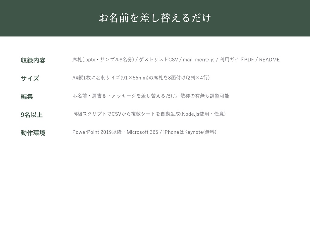 結婚式 席札 テンプレート【Natural Botanical】名前を差し替えるだけ・9名以上も自動生成対応