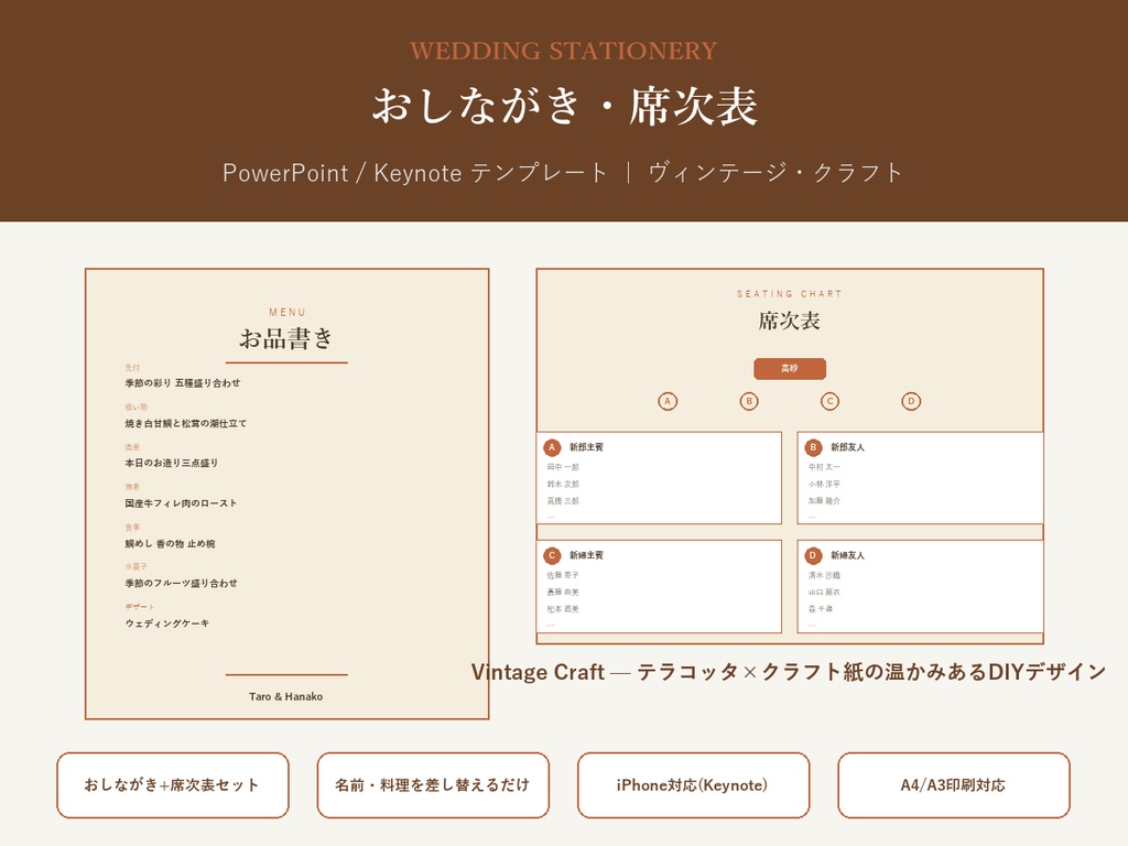 結婚式 おしながき・席次表 テンプレート【Vintage Craft】名前を差し替えるだけ・PC/iPhone対応