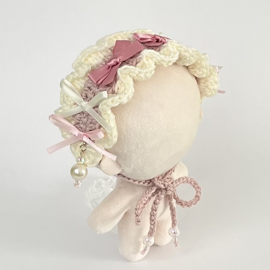 11cm〜15cm ぬいぐるみ用 ヘッドドレス リボン ビーズチャーム ピンク
