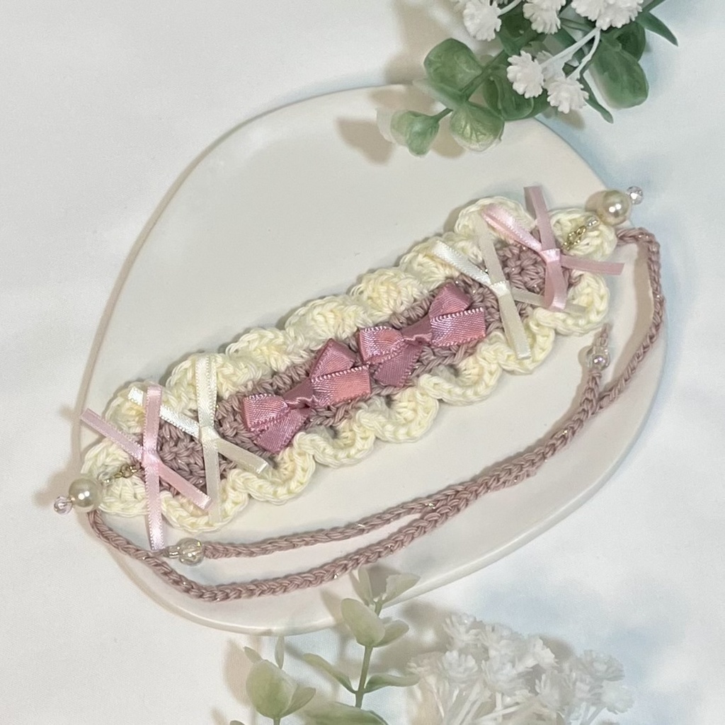 11cm〜15cm ぬいぐるみ用 ヘッドドレス リボン ビーズチャーム ピンク