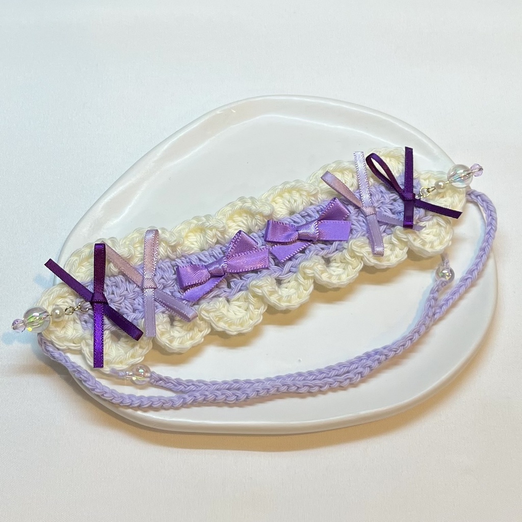 11cm〜15cm ぬいぐるみ用 ヘッドドレス リボン ビーズチャーム 紫