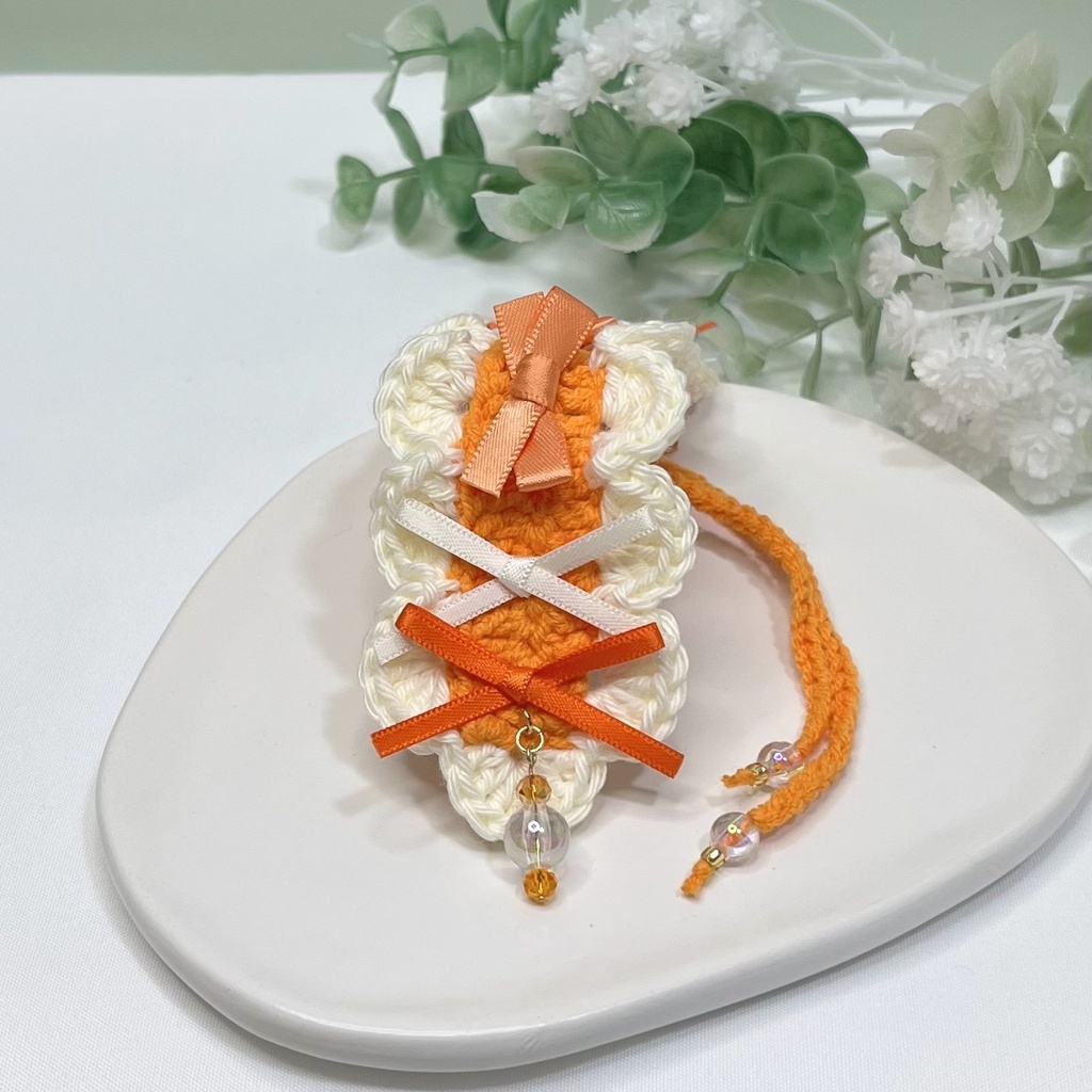 11cm〜15cm ぬいぐるみ用 ヘッドドレス リボン ビーズチャーム オレンジ