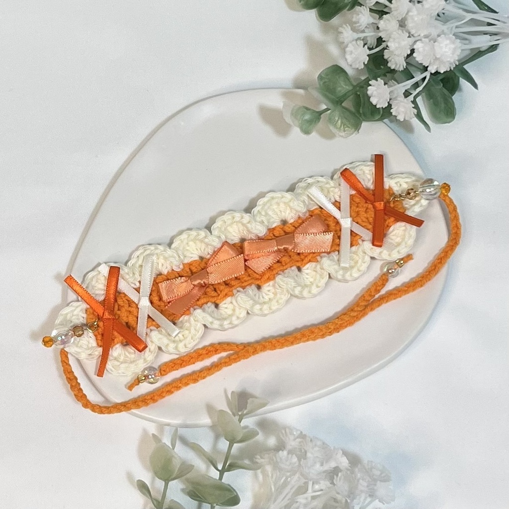 11cm〜15cm ぬいぐるみ用 ヘッドドレス リボン ビーズチャーム オレンジ