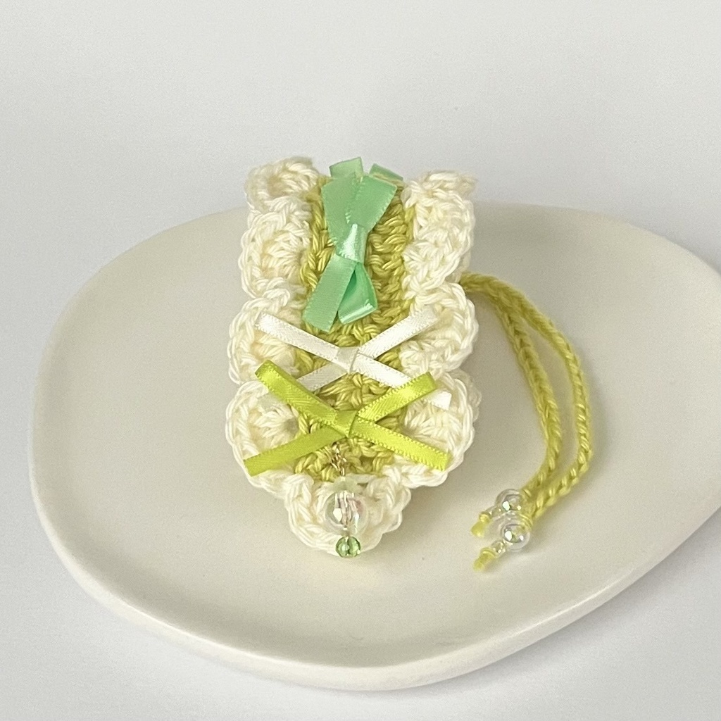 11cm〜15cm ぬいぐるみ用 ヘッドドレス リボン ビーズチャーム ライトグリーン