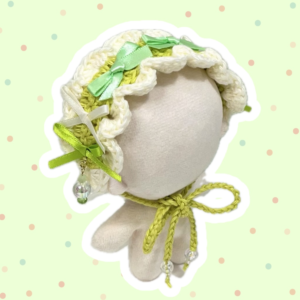 11cm〜15cm ぬいぐるみ用　ヘッドドレス リボン　ビーズチャーム　ライトグリーン
