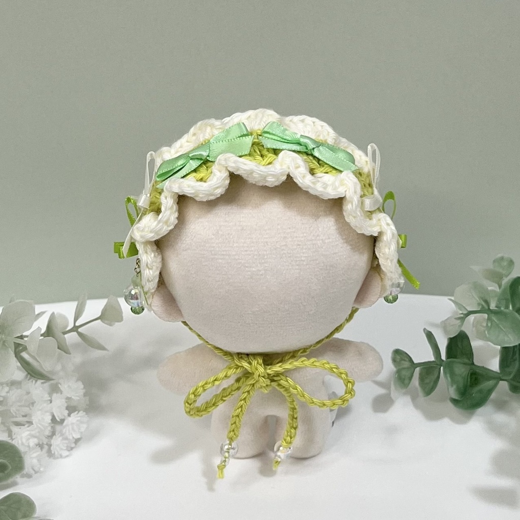 11cm〜15cm ぬいぐるみ用 ヘッドドレス リボン ビーズチャーム ライトグリーン