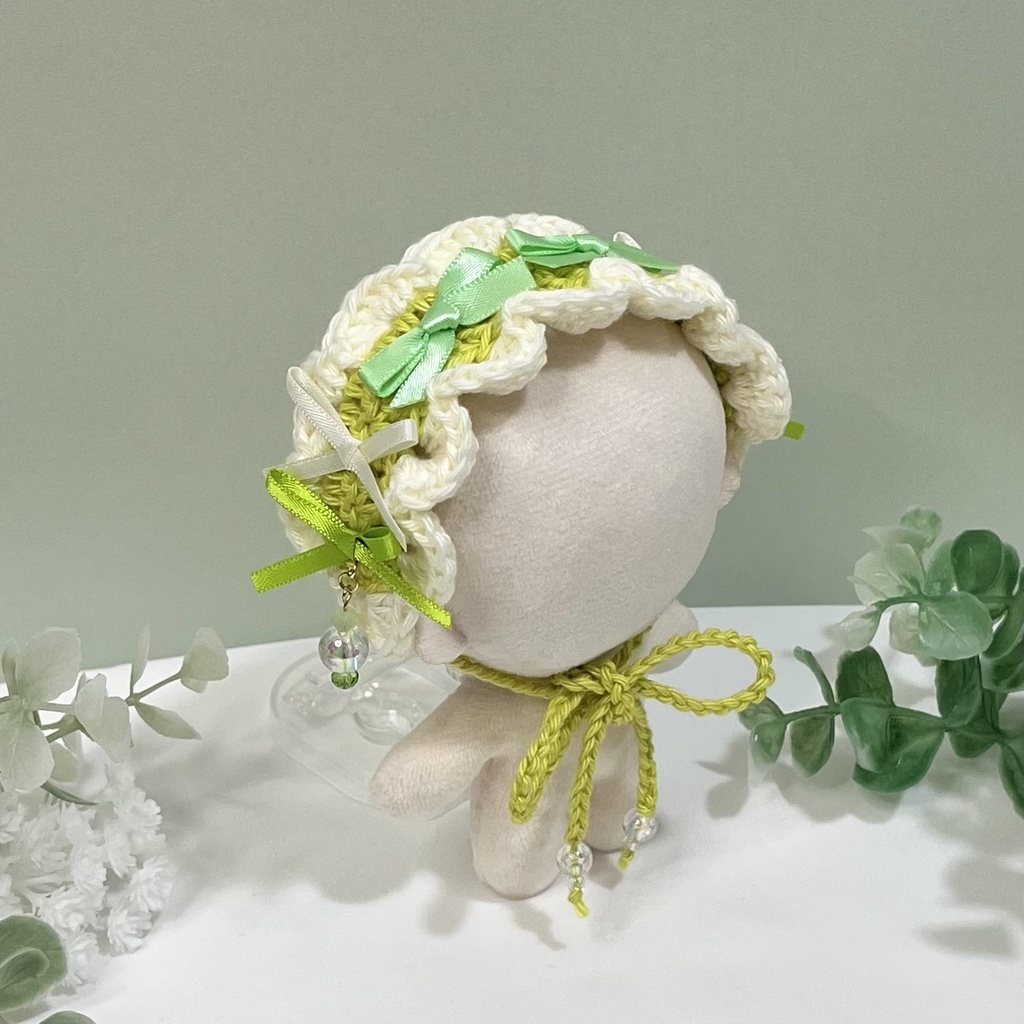 11cm〜15cm ぬいぐるみ用 ヘッドドレス リボン ビーズチャーム ライトグリーン
