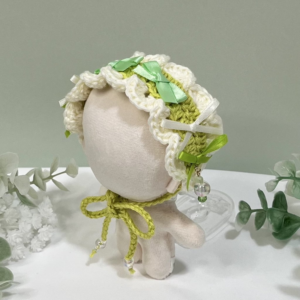 11cm〜15cm ぬいぐるみ用 ヘッドドレス リボン ビーズチャーム ライトグリーン