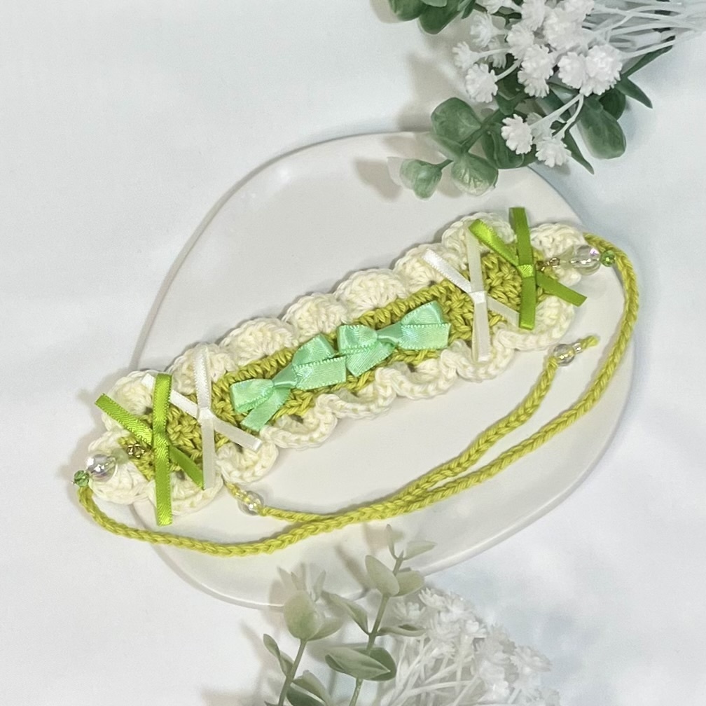 11cm〜15cm ぬいぐるみ用 ヘッドドレス リボン ビーズチャーム ライトグリーン