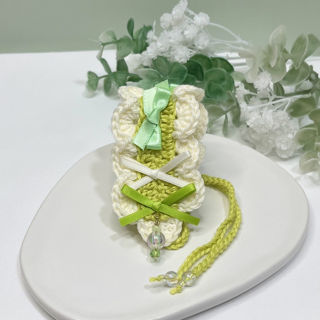 11cm〜15cm ぬいぐるみ用 ヘッドドレス リボン ビーズチャーム ライトグリーン
