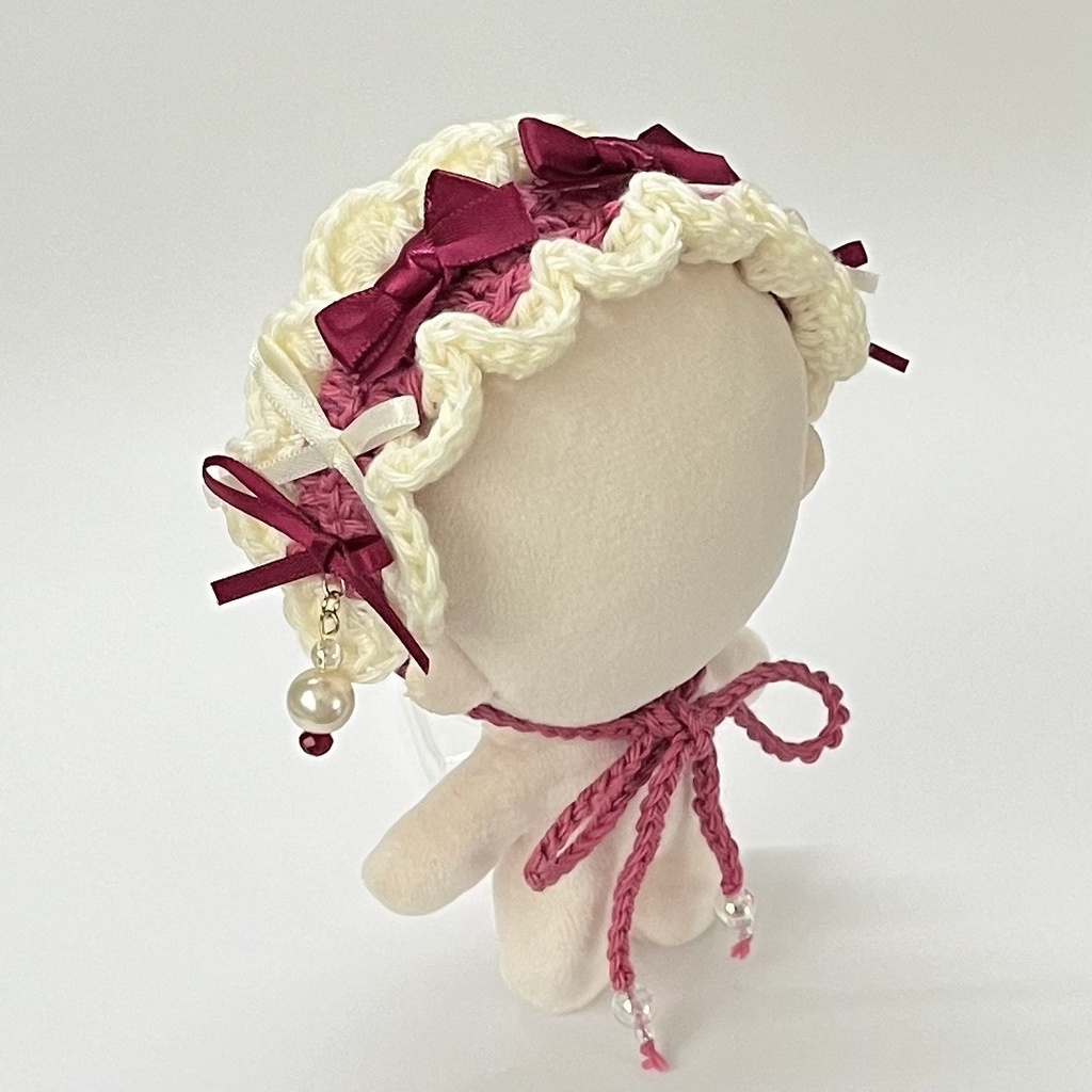 11cm〜15cm ぬいぐるみ用 ヘッドドレス リボン ビーズチャーム ワインレッド