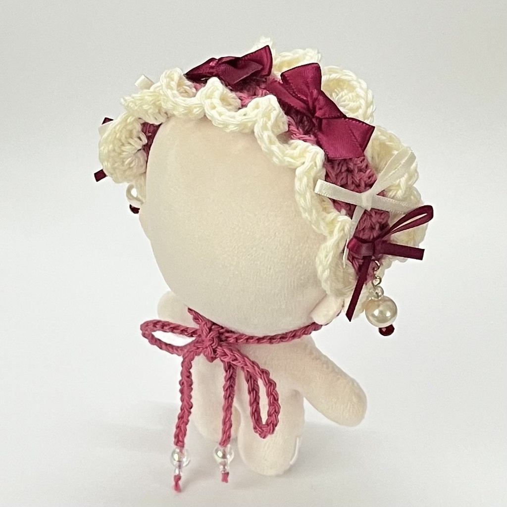 11cm〜15cm ぬいぐるみ用 ヘッドドレス リボン ビーズチャーム ワインレッド