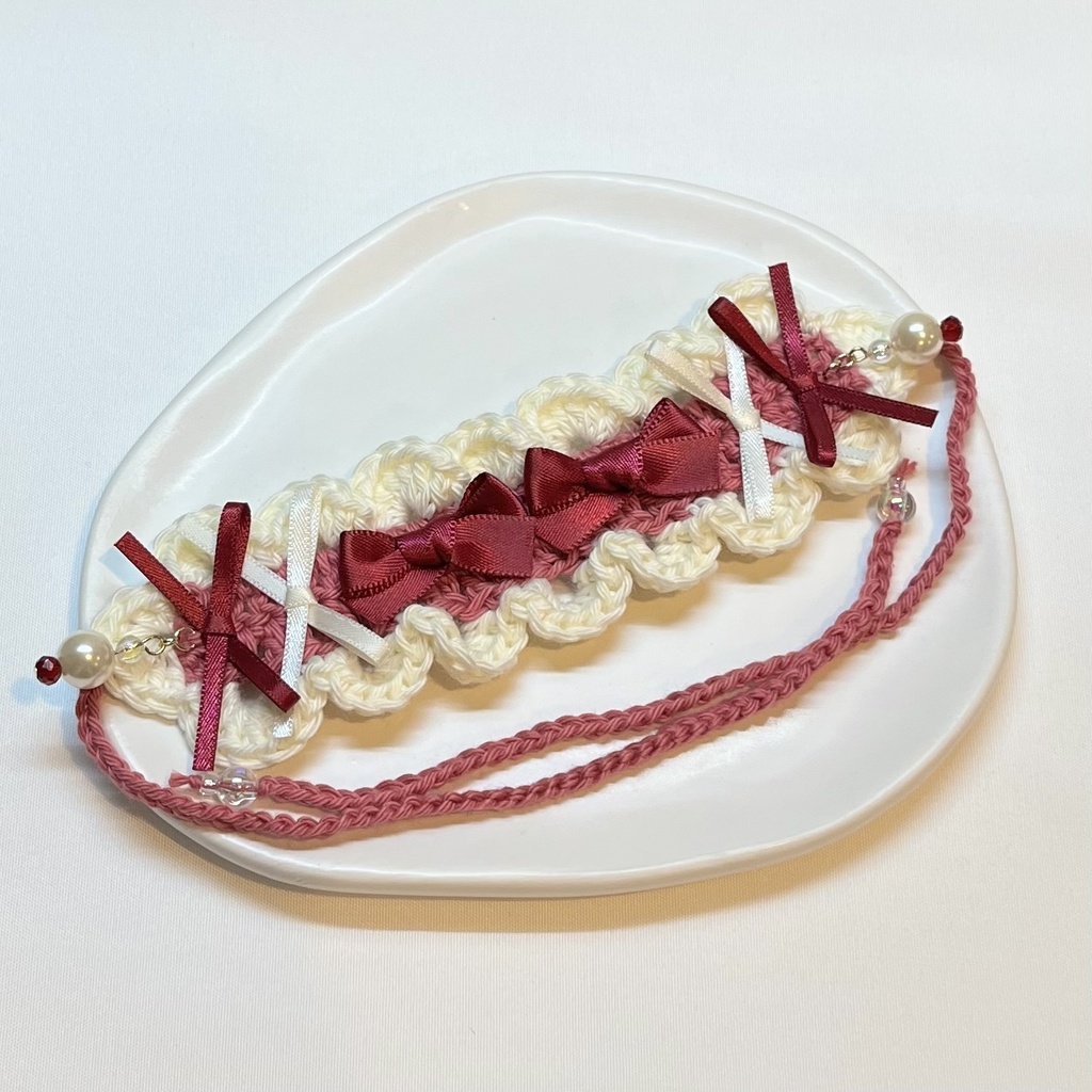 11cm〜15cm ぬいぐるみ用 ヘッドドレス リボン ビーズチャーム ワインレッド