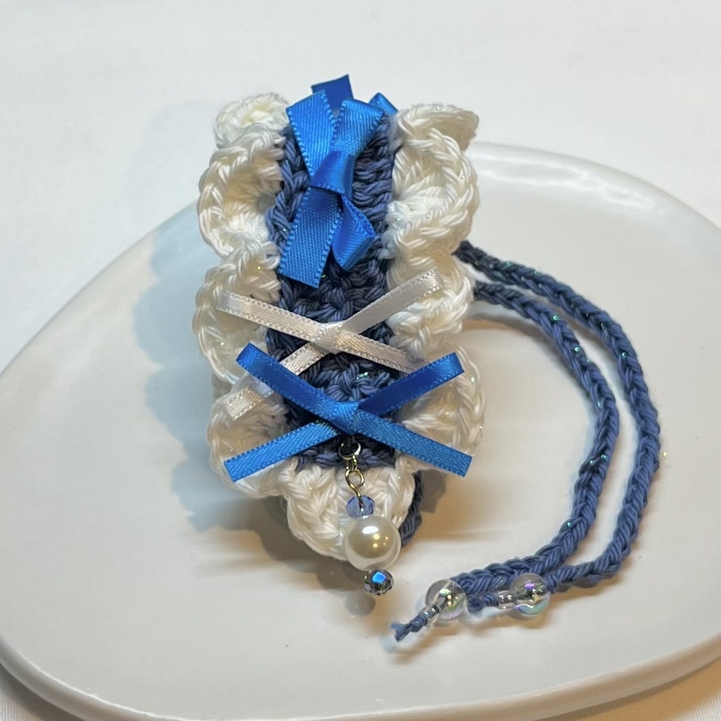 11cm〜15cm ぬいぐるみ用 ヘッドドレス リボン ビーズチャーム ブルー