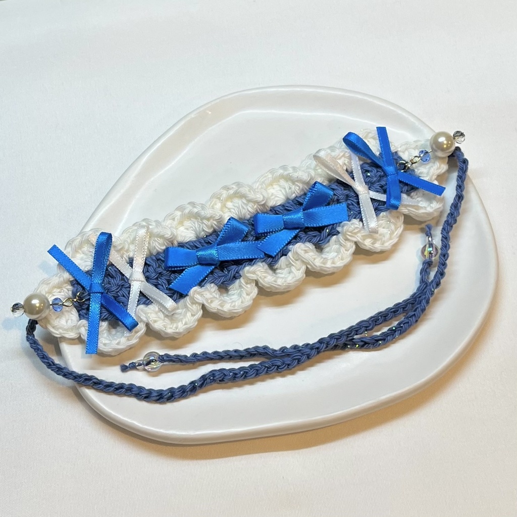 11cm〜15cm ぬいぐるみ用 ヘッドドレス リボン ビーズチャーム ブルー