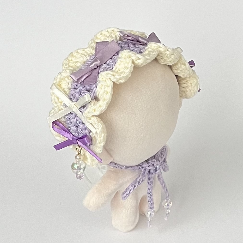 11cm〜15cm ぬいぐるみ用　ヘッドドレス リボン　ビーズチャーム　紫　ラメ入り