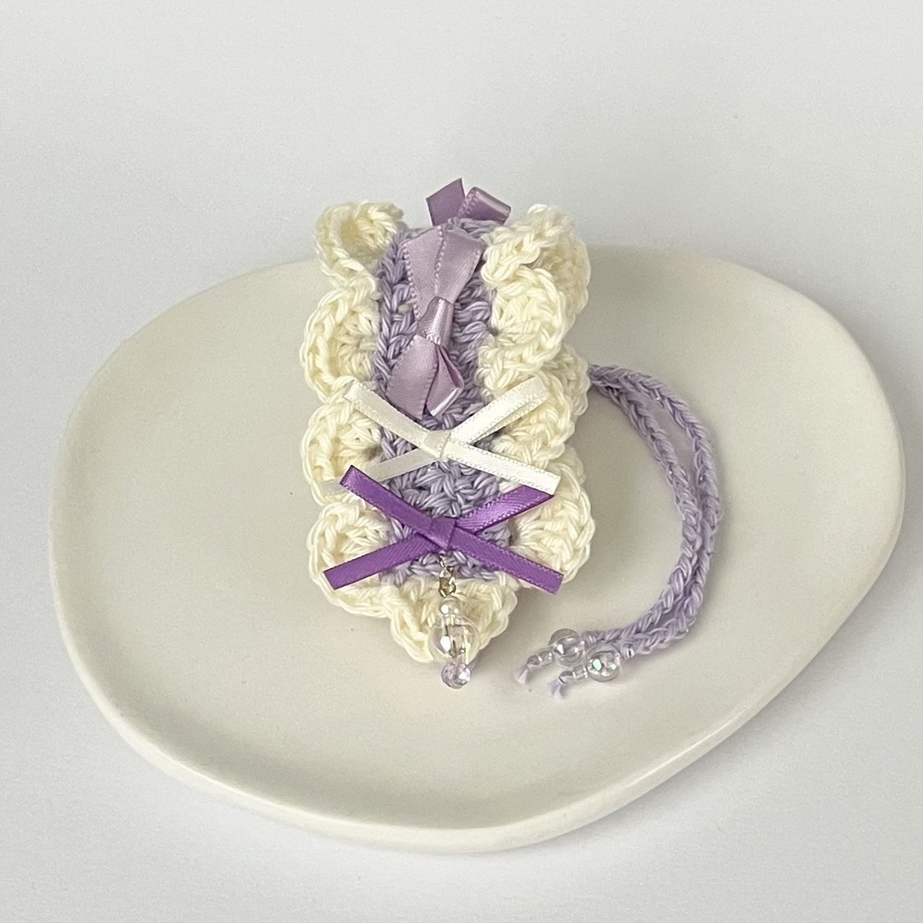 11cm〜15cm ぬいぐるみ用 ヘッドドレス リボン ビーズチャーム 紫 ラメ入り