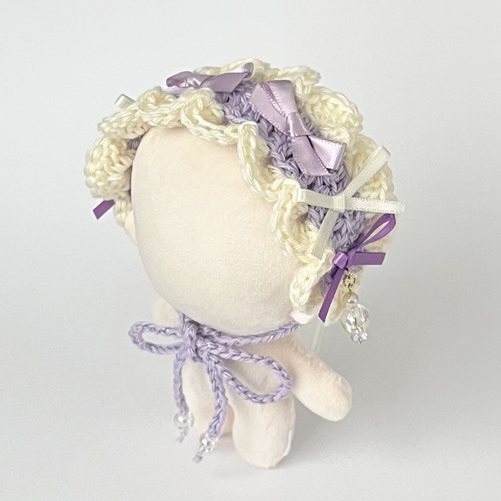 11cm〜15cm ぬいぐるみ用 ヘッドドレス リボン ビーズチャーム 紫 ラメ入り