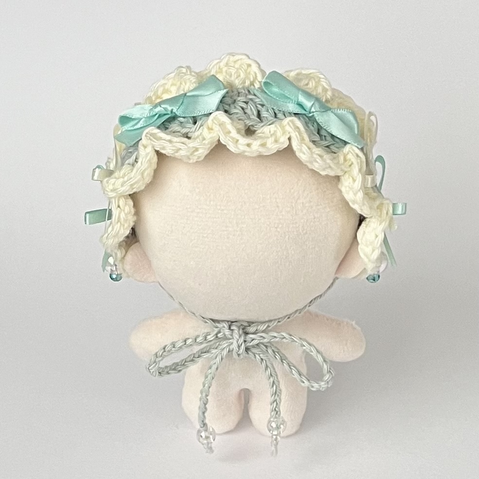 11cm〜15cm ぬいぐるみ用 ヘッドドレス リボン ビーズチャーム ミントブルー