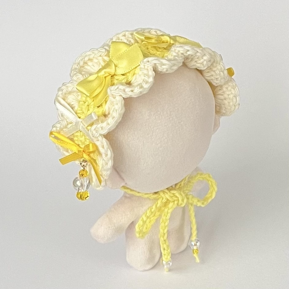 11cm〜15cm ぬいぐるみ用　ヘッドドレス リボン　ビーズチャーム　黄色　レモン