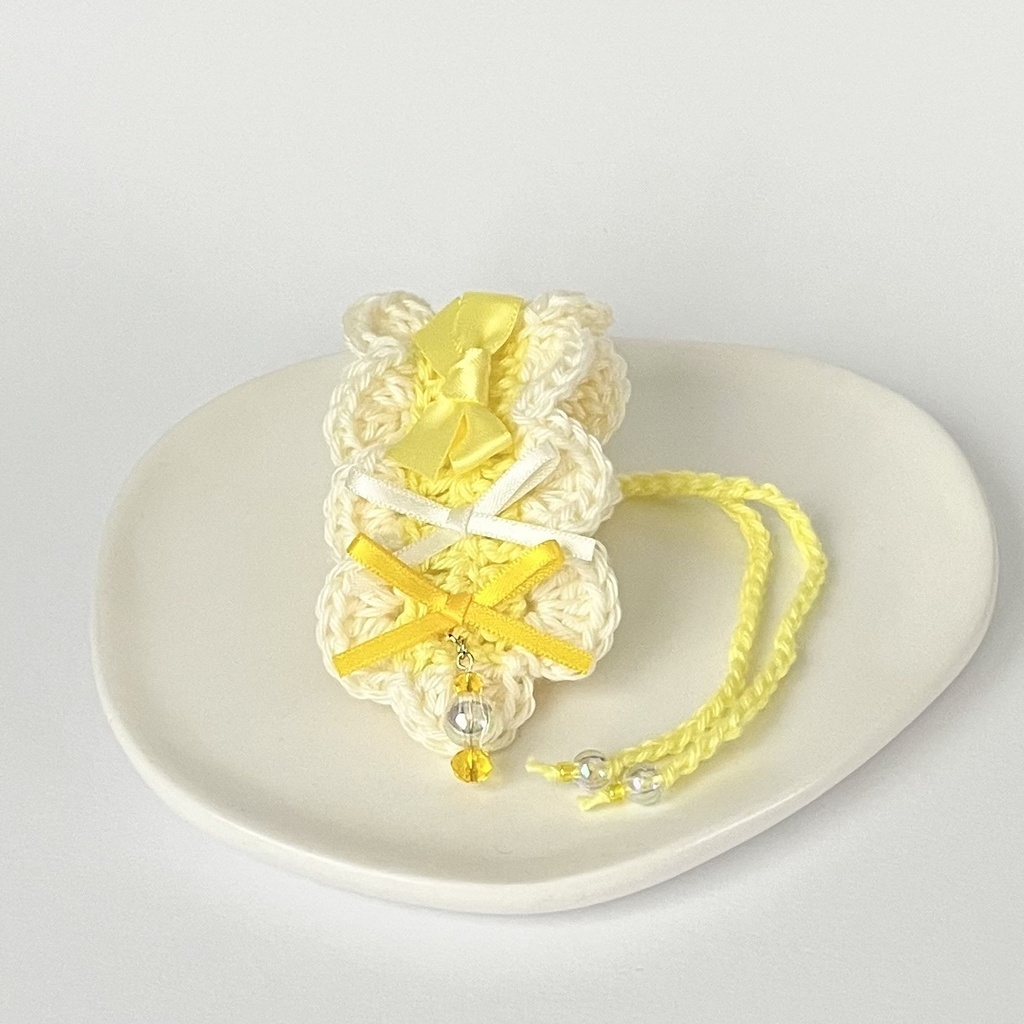11cm〜15cm ぬいぐるみ用 ヘッドドレス リボン ビーズチャーム 黄色 レモン