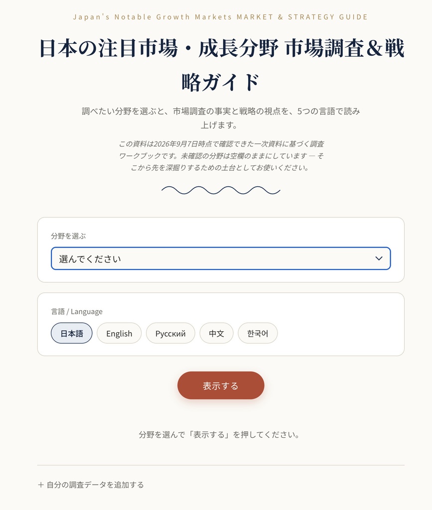 日本の成長分野リサーチワークブック|19分野+周辺需要ニッチ発見テンプレート