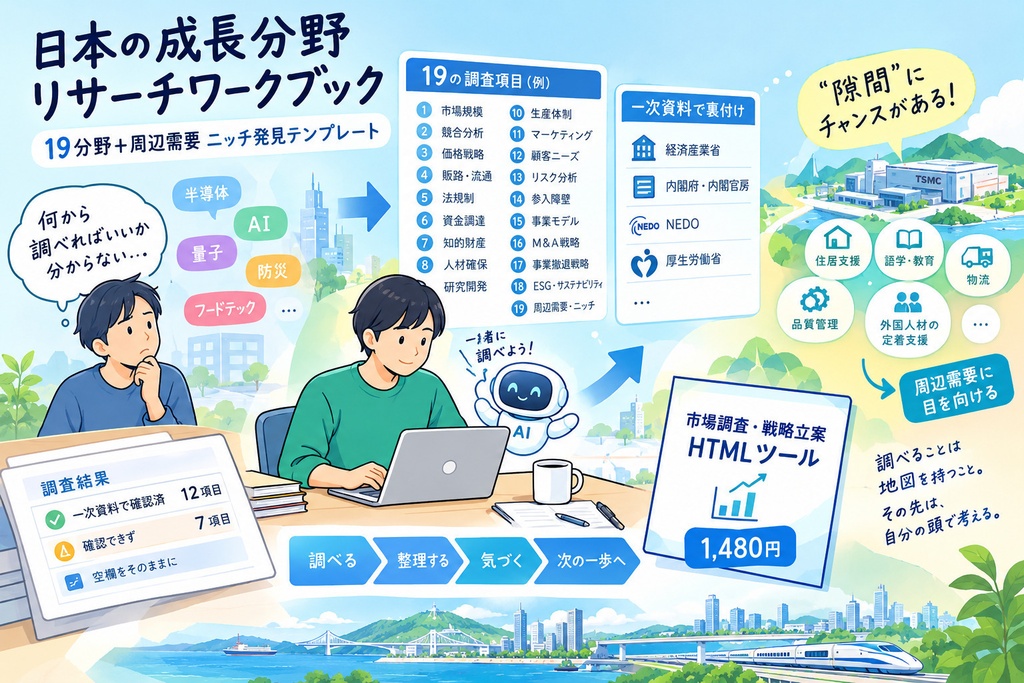 日本の成長分野リサーチワークブック｜19分野＋周辺需要ニッチ発見テンプレート
