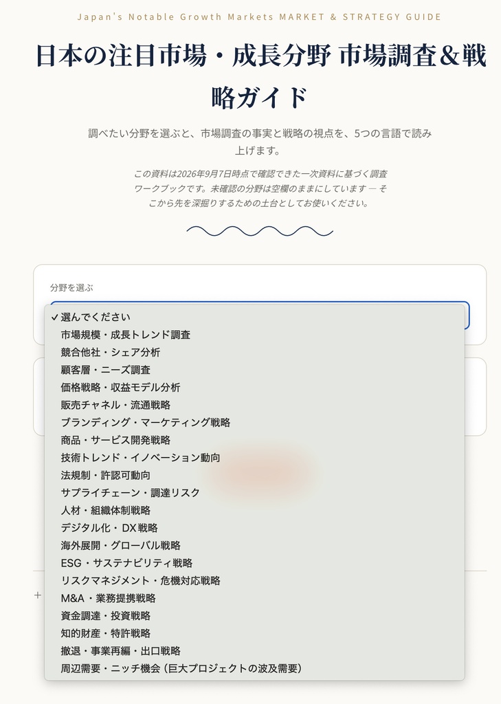日本の成長分野リサーチワークブック|19分野+周辺需要ニッチ発見テンプレート