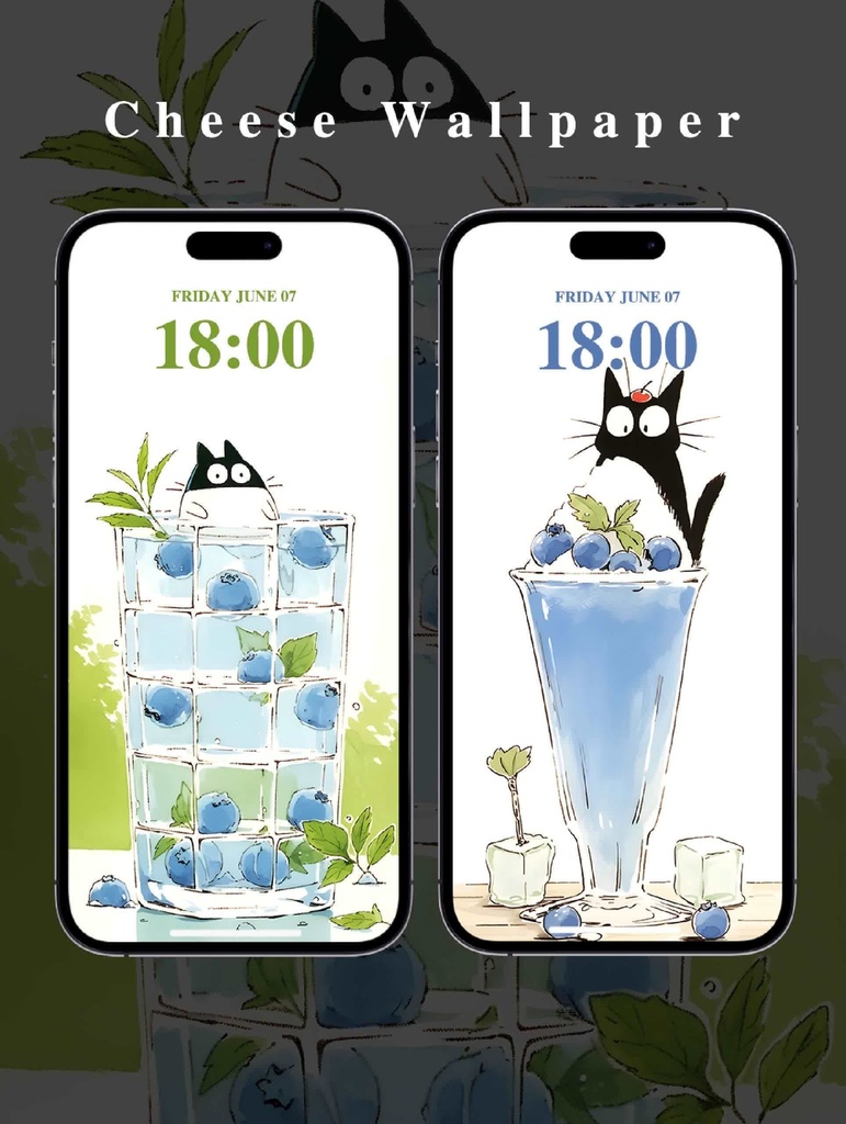 167-168.パソコン/iPad/スマホ壁紙｜猫と夏のブルーベリー