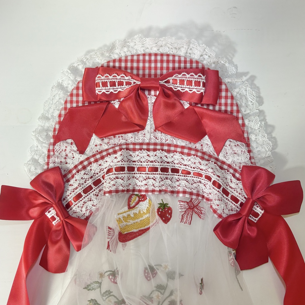 ベール付きボンネット(ギンガム赤)
