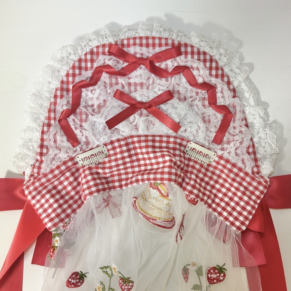 ベール付きボンネット(ギンガム赤)