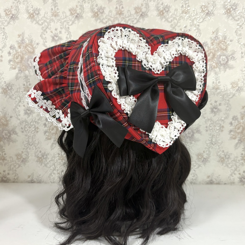 ハートボンネット（タータン赤白）