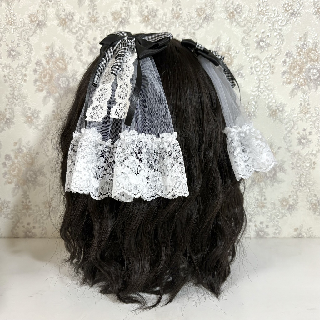 チュール付きリボンクリップ（ギンガム黒）
