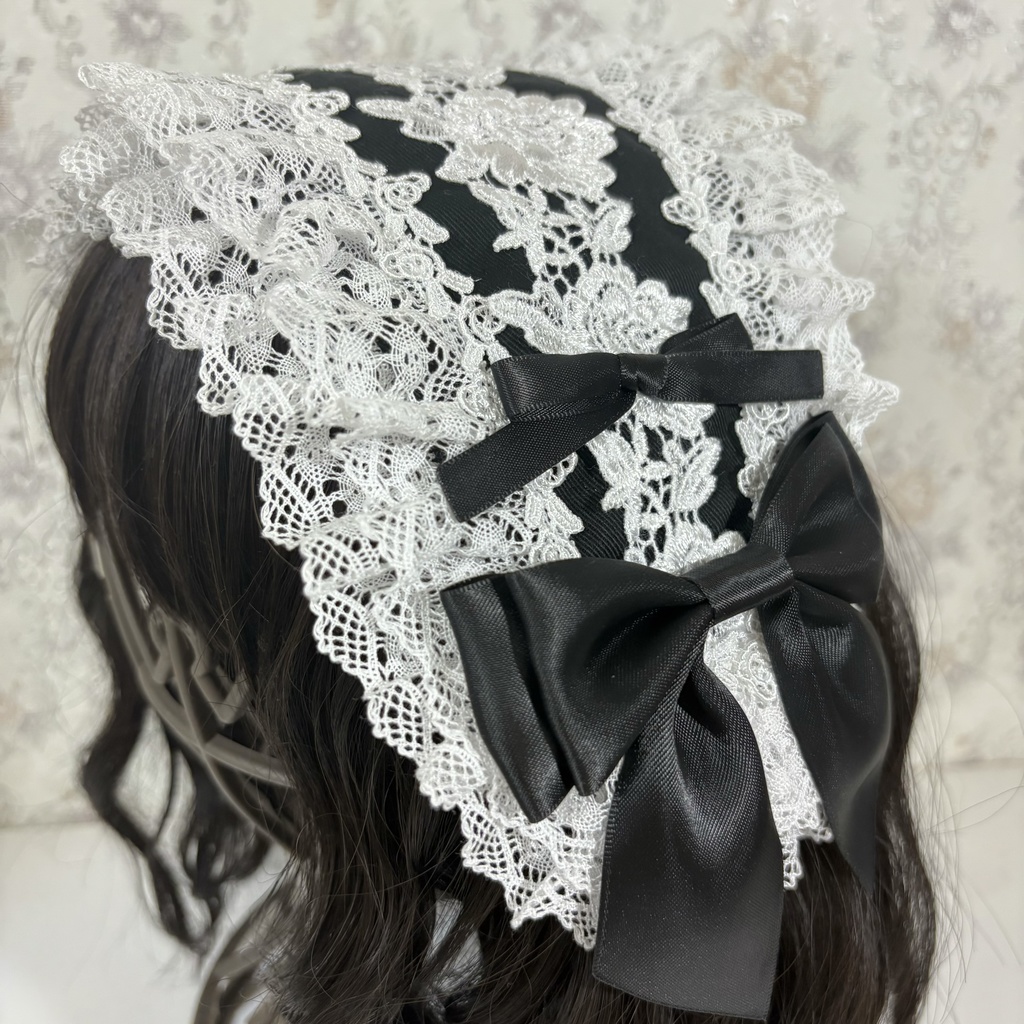 トーションレースヘッドドレス（黒白薔薇）