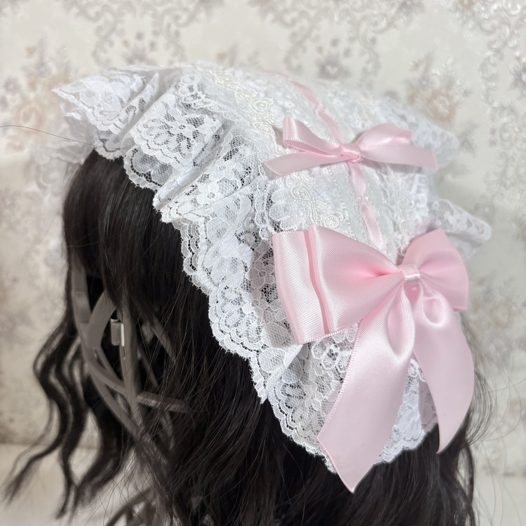 ラッセルレースヘッドドレス(白小花×ピンク)