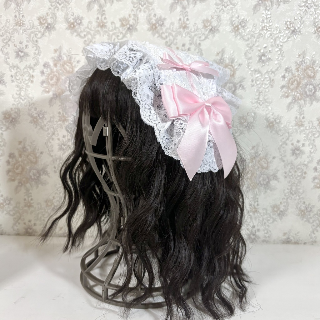 ラッセルレースヘッドドレス(白小花×ピンク)