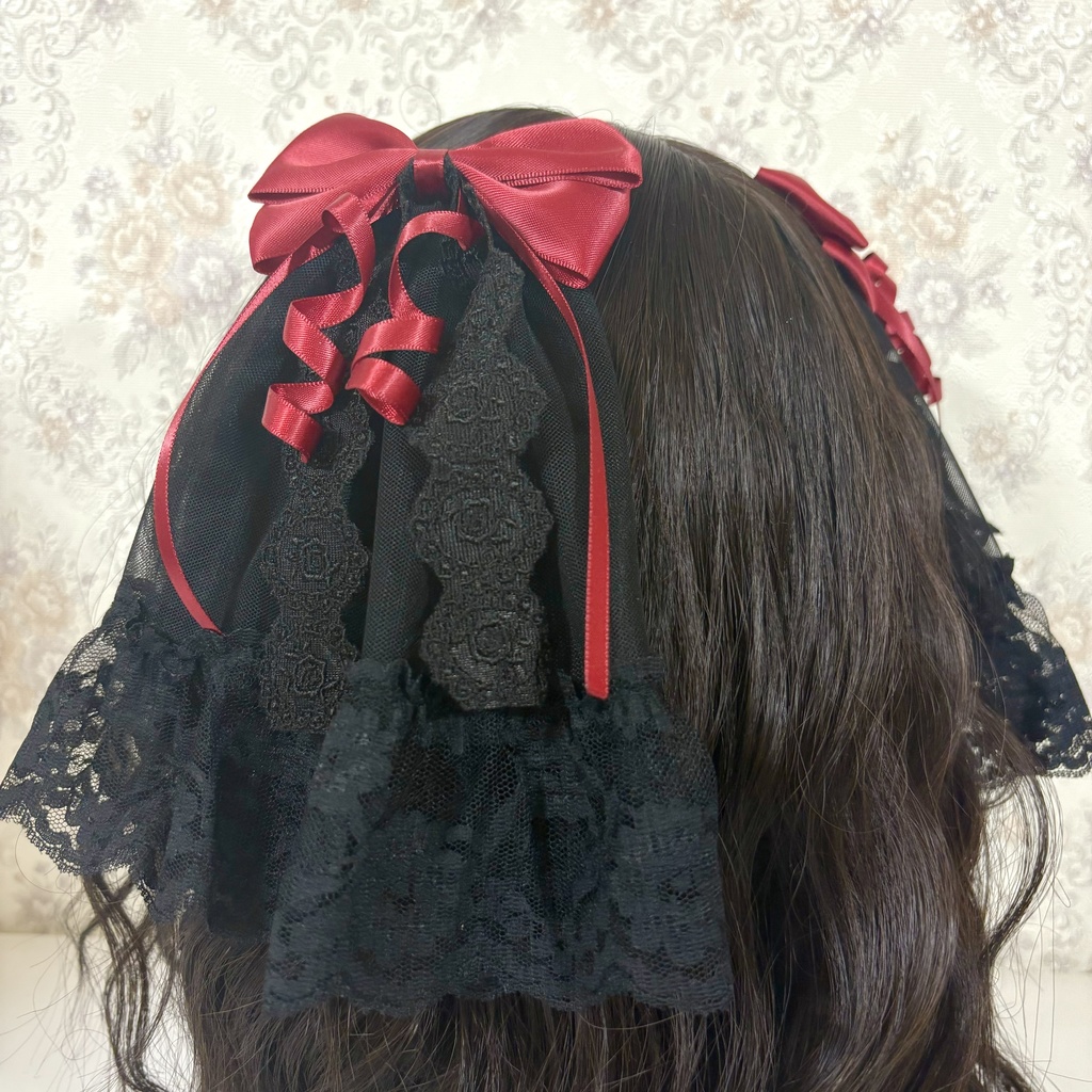 チュール付きリボンクリップ(黒ボルドー )
