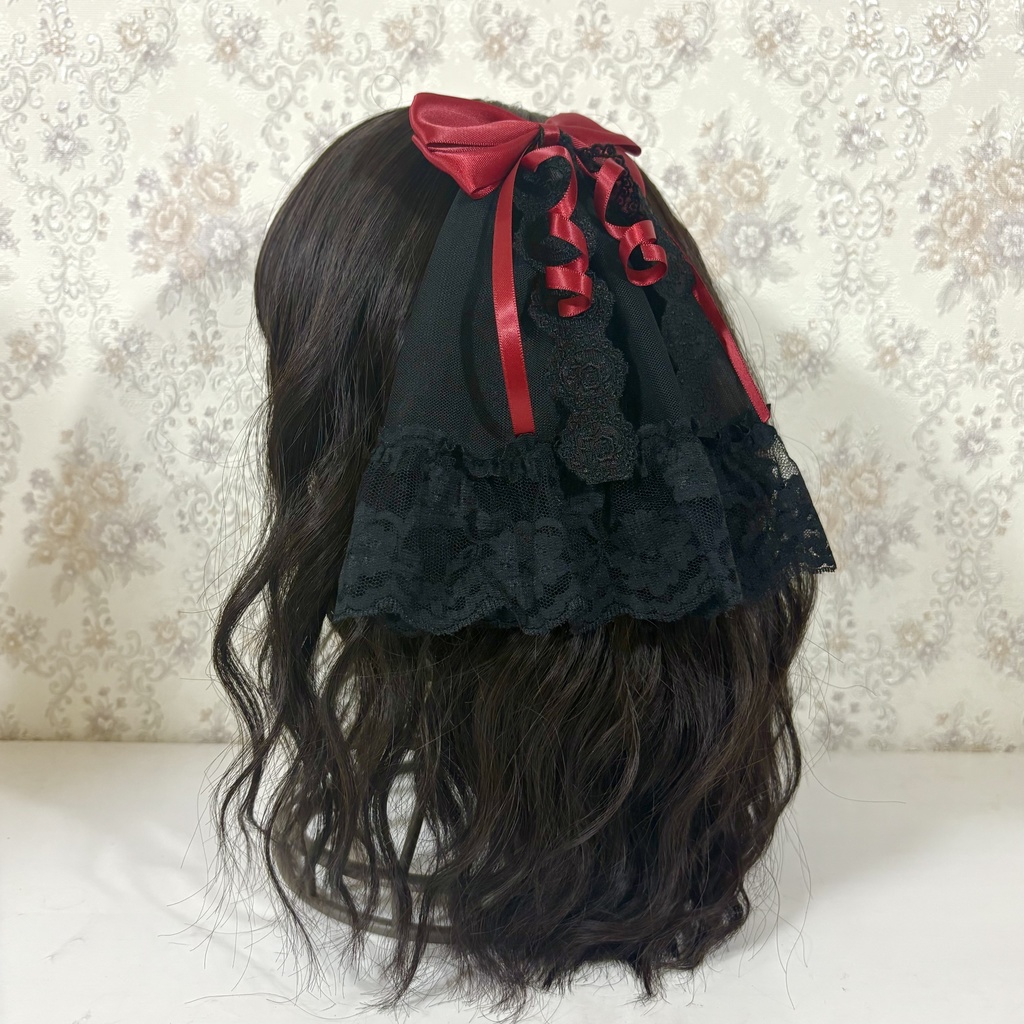 チュール付きリボンクリップ(黒ボルドー )