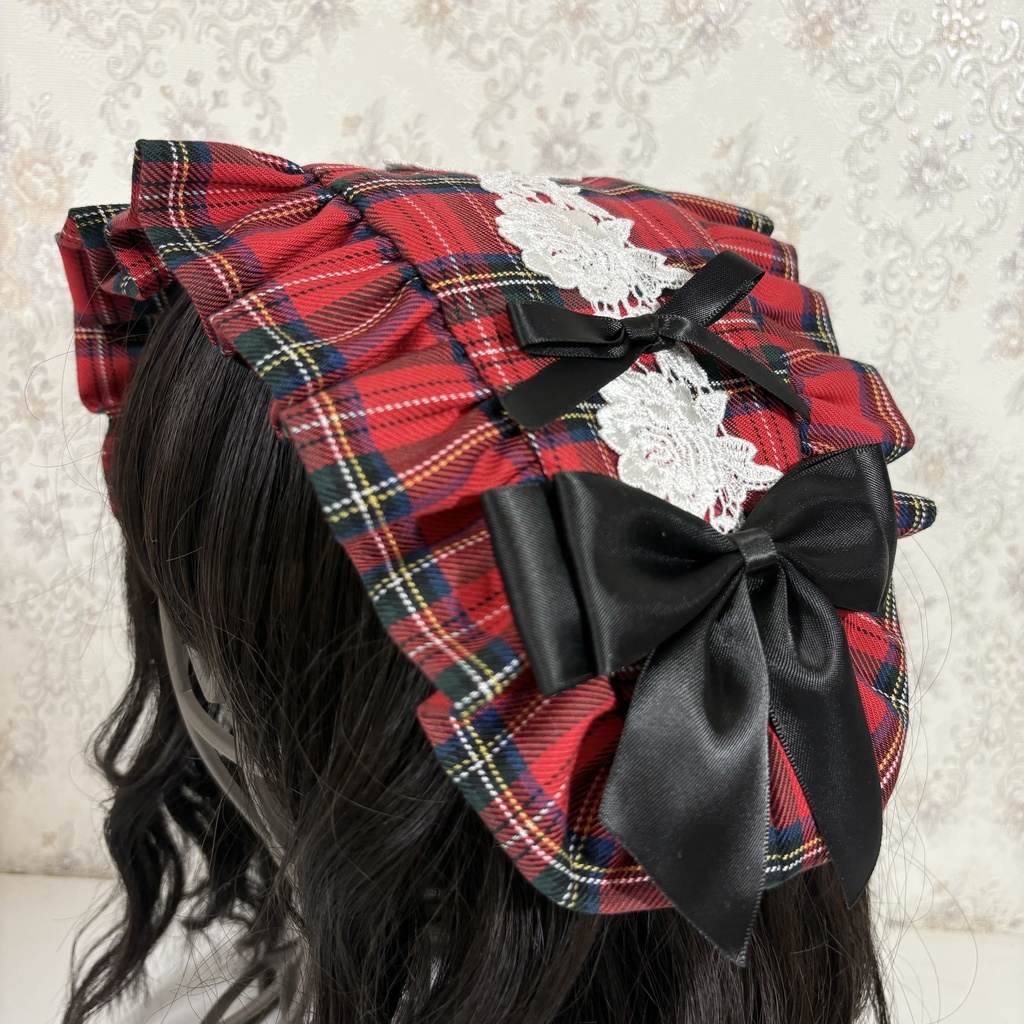 フリルヘッドドレス(タータン赤白)