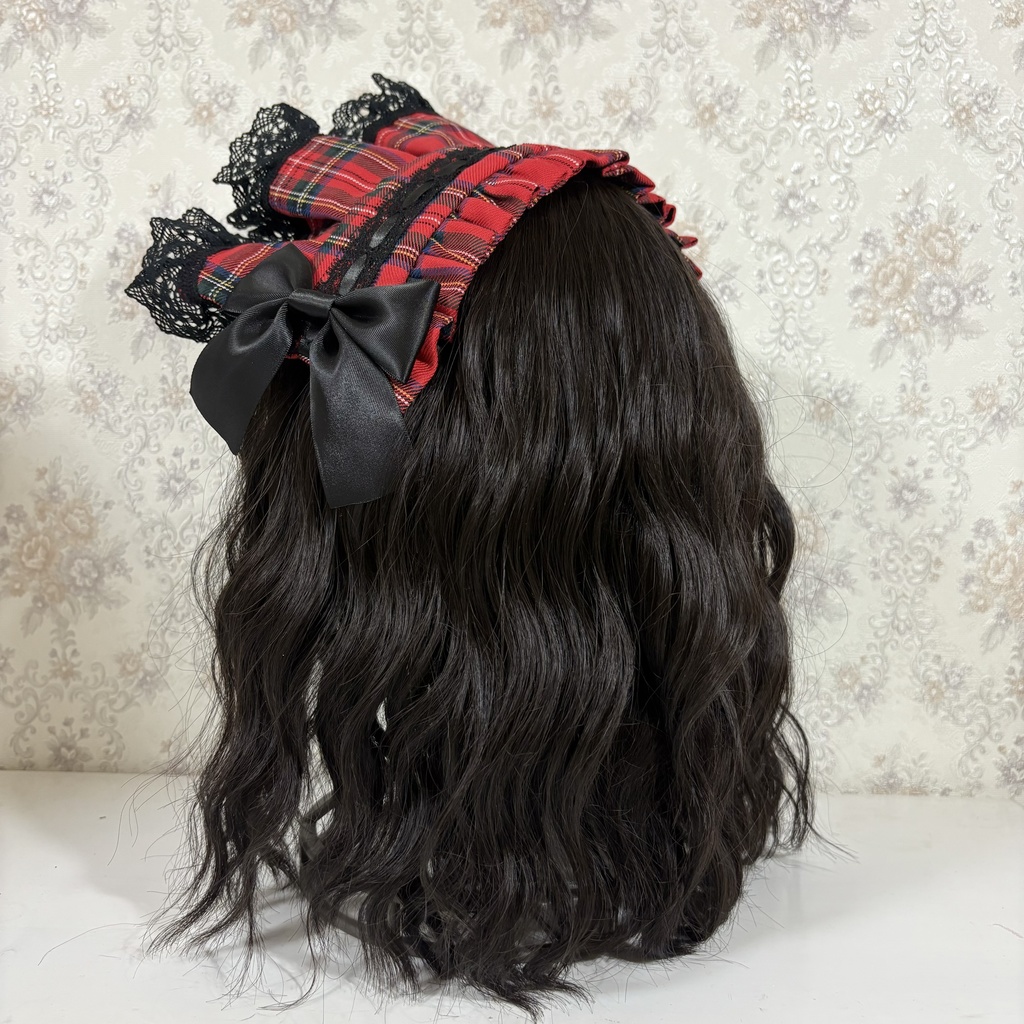 ハーフボンネ風ヘッドドレス(タータン赤黒2)