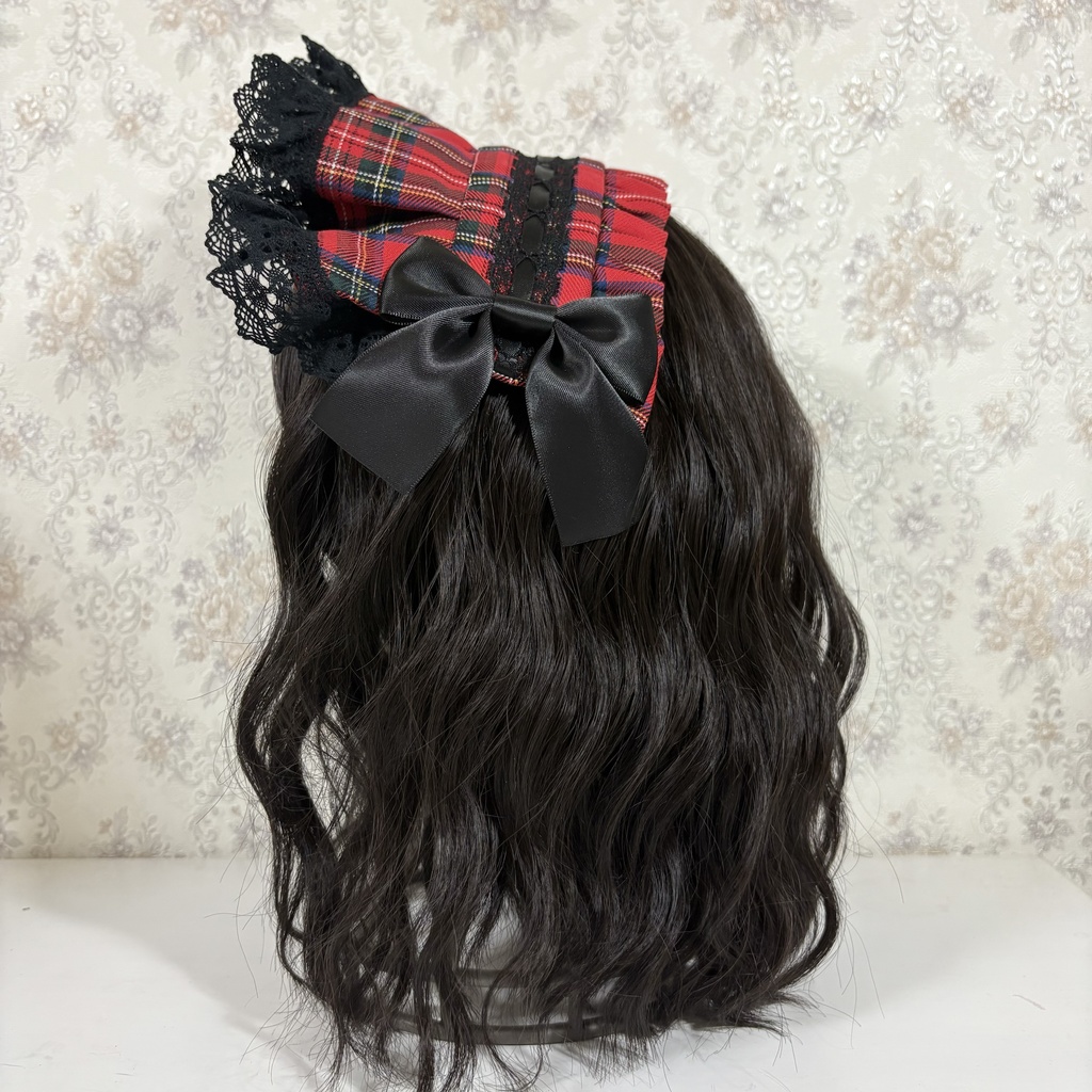 ハーフボンネ風ヘッドドレス(タータン赤黒2)