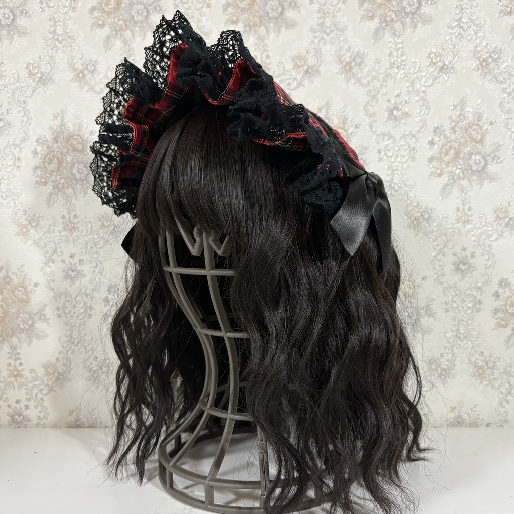 ハーフボンネ風ヘッドドレス(タータン赤黒2)