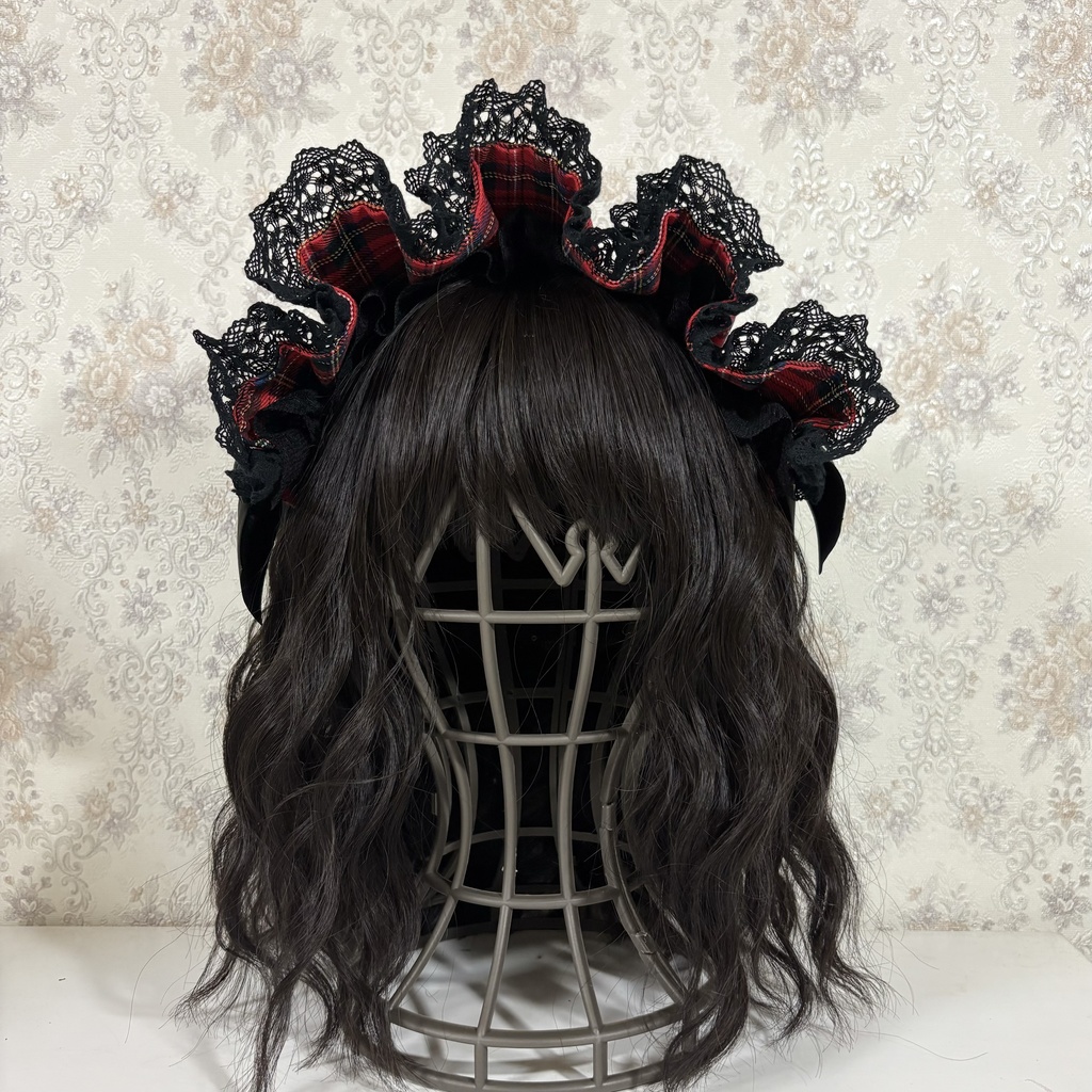 ハーフボンネ風ヘッドドレス(タータン赤黒2)