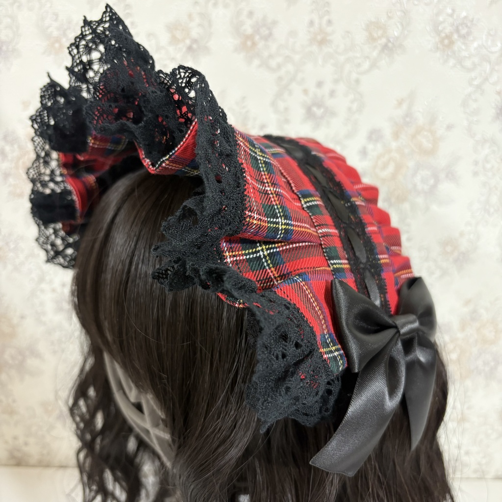 ハーフボンネ風ヘッドドレス(タータン赤黒2)