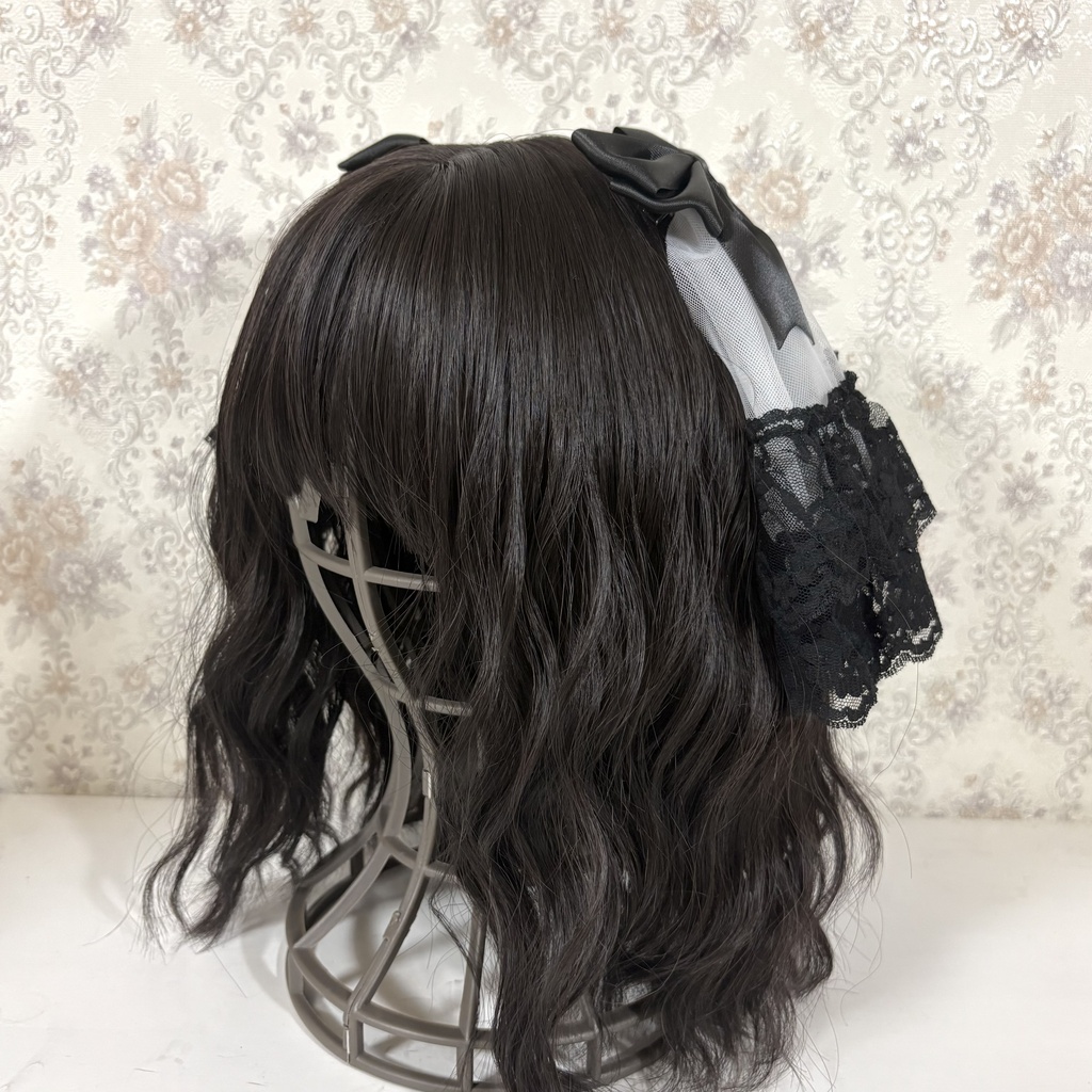 2段フリルリボンクリップ(黒白C)