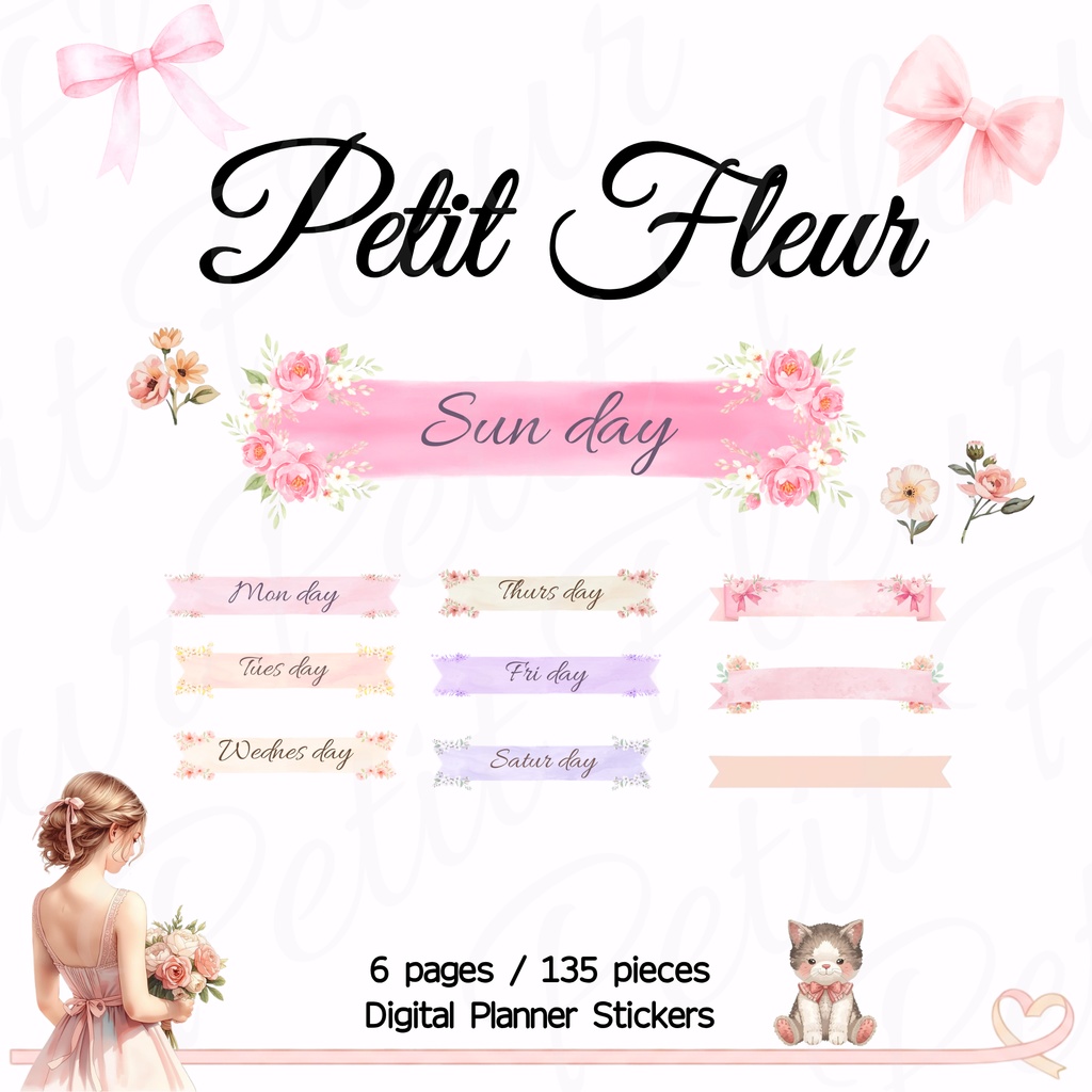 Petit Fleur -パステルカラー デジタル手帳ステッカー 135点｜週間リボンセット（GoodNotes対応）